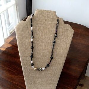 Elegant Black and White Beaded Necklace with Pearls and Millefiori beads.